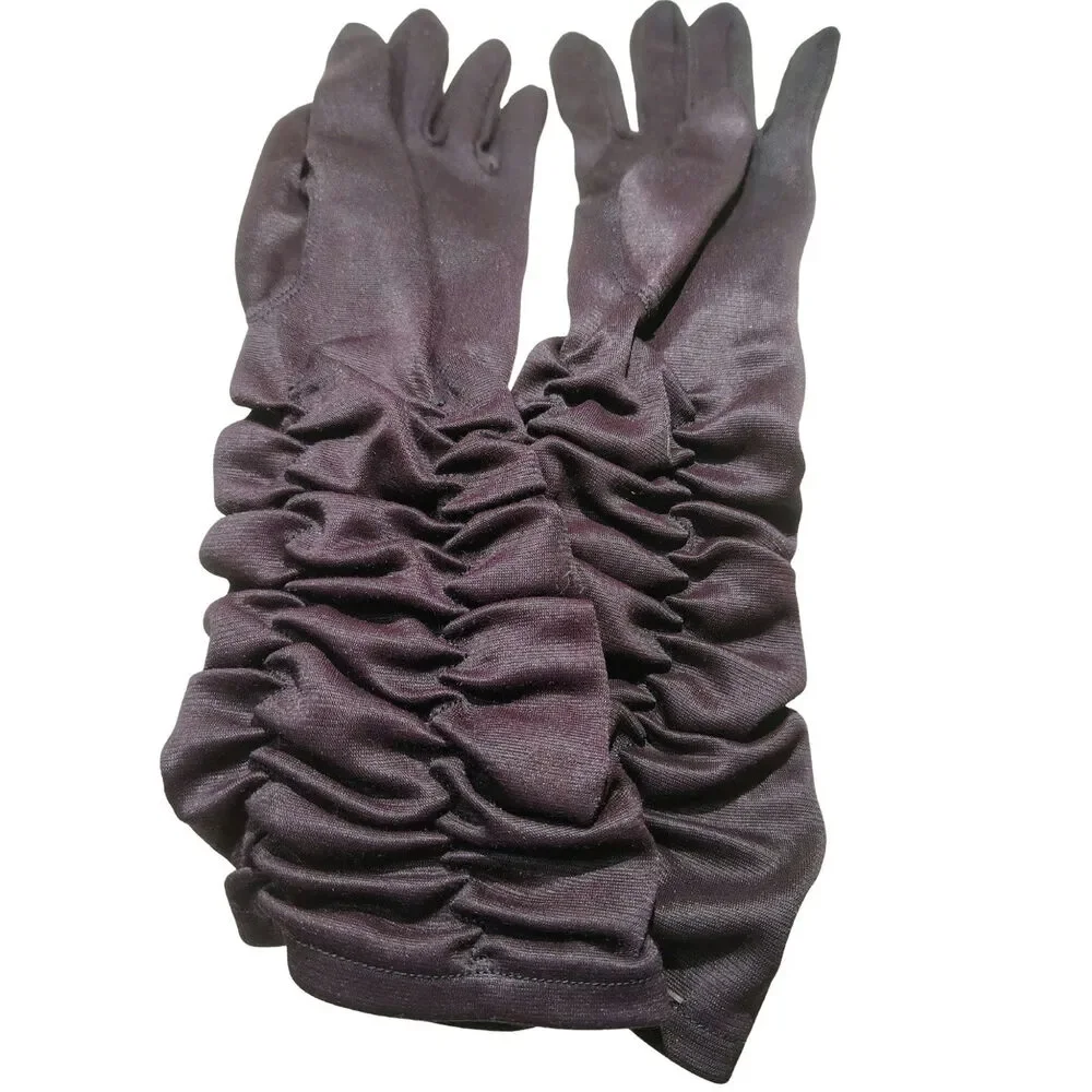 50s Brown Ruched Mid-Length Bracelet-Length Evening Gloves Stretch Nylon Size S